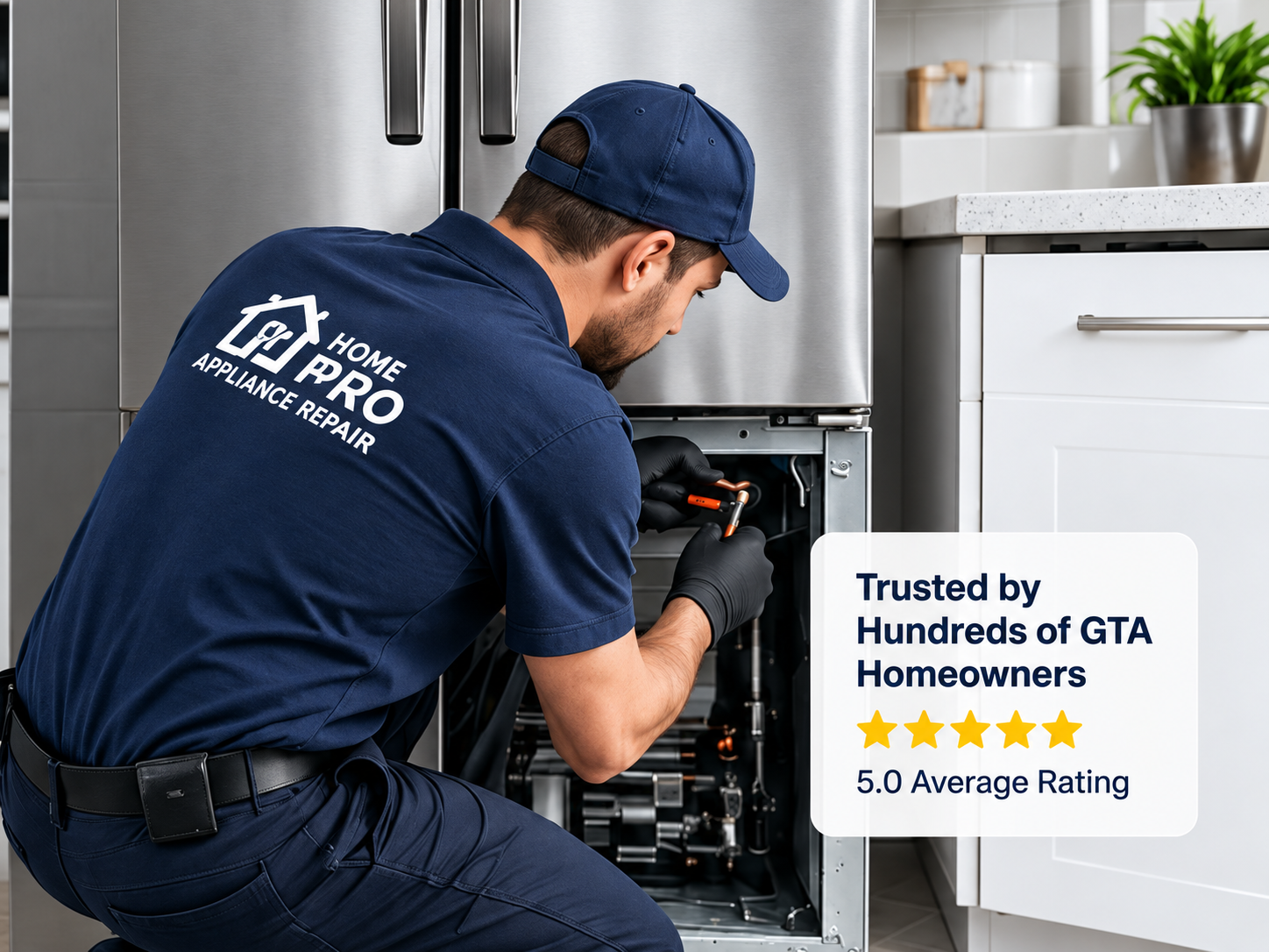 Home Pro technician repairing a refrigerator